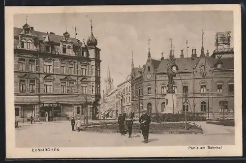 AK Euskirchen, Denkmal und Hotel zur Post beim Bahnhof