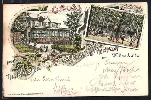 Lithographie Wolfenbüttel, Waldgasthaus Antoinettenruh Besitzer Th. Röber