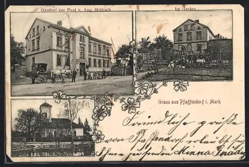 AK Pfaffendorf i. Mark, Gasthof zur Post, Garten, Kirche