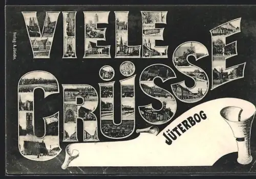 AK Jüterbog, Schriftzug Viele Grüsse mit Kirche, Innenansicht und Denkmal, Passepartout