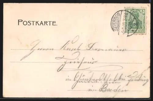 AK Jüterbog, Schriftzug Viele Grüsse mit Kirche, Innenansicht und Denkmal, Passepartout