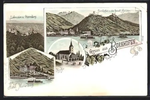 Lithographie Bornhofen, Hotel Marienburg, Kirche, Burgen Liebenstein & Sterenberg, Dampfer