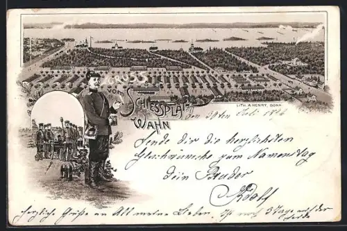 Lithographie Köln-Wahn, Schiessplatz, Soldaten mit Kanone