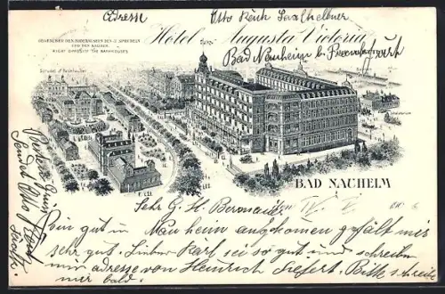 Lithographie Bad Nauheim, Hotel Autusta Victoria mit Strassenpartie