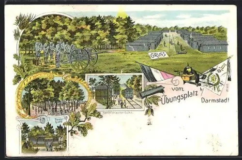 Lithographie Darmstadt, Übungsplatz, Dampfstrassenbahn, Lager Strasse