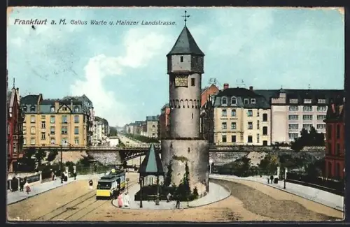 AK Frankfurt a. M., Gallus-Warte und Mainzer Landstrasse mit Strassenbahn