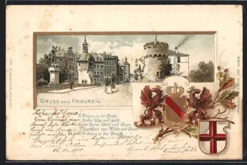 Passepartout-Lithographie Freiburg / Breisgau, Strasse am Stadteingang und Wappen mit Goldverzierungen