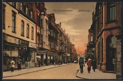 AK Wilhelmshaven, Partie an der Marktstrasse mit Schweizer Uhren-Lager von Chr. Schwardt