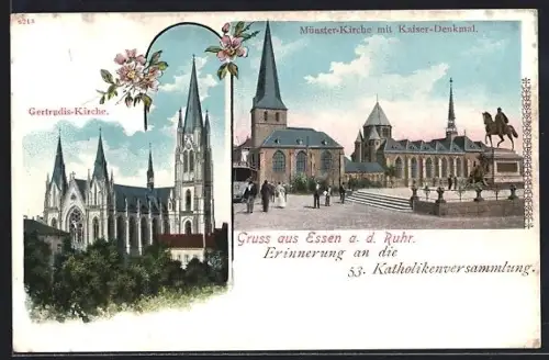 Lithographie Essen a. d. Ruhr, Gertrudis-Kirche und Münster-Kirche mit Kaiser-Denkmal