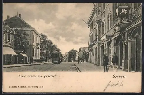 AK Solingen, Kaiserstrasse mit Denkmal und Strassenbahn