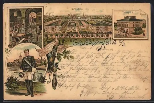 Lithographie Halle a. S., Kliniken, Universität, Student im vollen Wichs