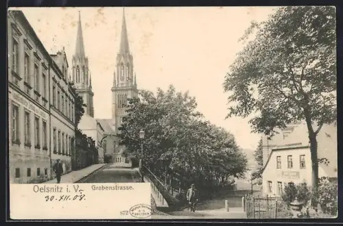 AK Oelsnitz i. V., Partie an der Grabenstrasse mit Kirchtürmen