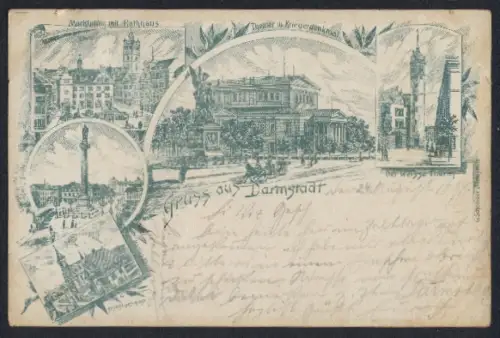 Lithographie Darmstadt, Markthaus, Theater und Kriegerdenkmal und Der weisse Turm