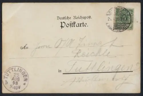 Lithographie Darmstadt, Markthaus, Theater und Kriegerdenkmal und Der weisse Turm