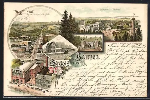 Vorläufer-Lithographie Barmen, 1894, Barmer Anlagen und Bergbahn, Luftkurhaus und Töllethurm