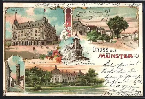 Lithographie Münster / Westfalen, Ludgerihof, Warendorfer Strasse, Königliches Schloss, Tuckelsburg und Wasserthurm