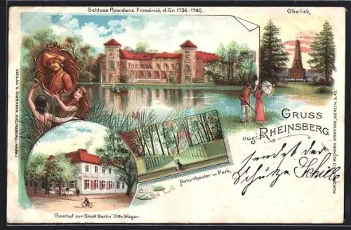 Lithographie Rheinsberg, Conditorei und Restaurant Gustav Rückheim, Residenzschloss Friedrich d. Gr., Obelisk