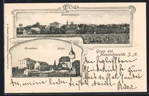 AK Mannichswalde S. A., Gesamtansicht, Herrenhaus und Kirche