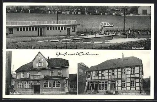 AK Wallensen, Badeanstalt, Ratskeller, Geschäftshaus E. Grote