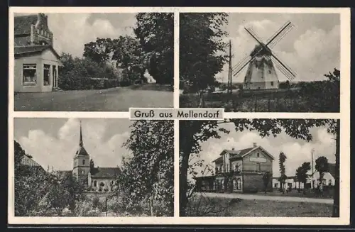 AK Mellendorf, Bahnhof, Windmühle, Kirche