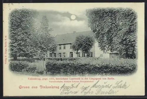 Mondschein-AK Finkenkrug, Herrenhaus mit Grünanlagen