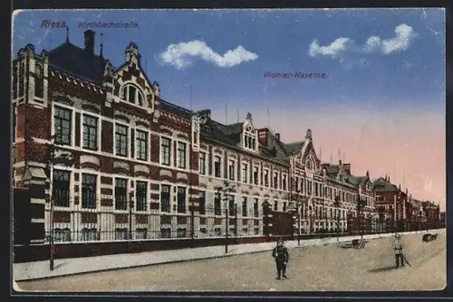 AK Riesa, Kirchbachstrasse mit Pionier-Kaserne