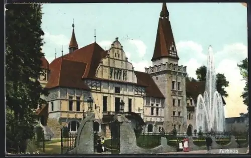 AK Bernburg, Hotel Kurhaus mit Springbrunnen