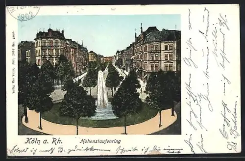 Goldfenster-AK Köln-Neustadt, Hohenstaufenring mit Springbrunnen mit leuchtenden Fenstern