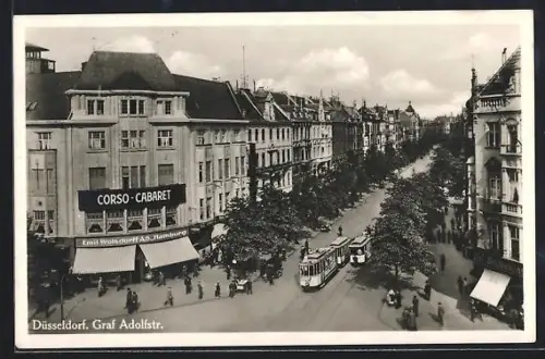 AK Düsseldorf, Graf Adolfstr. mit Corso-Cabaret, Emil Wolsdorf AG, Strassenbahn