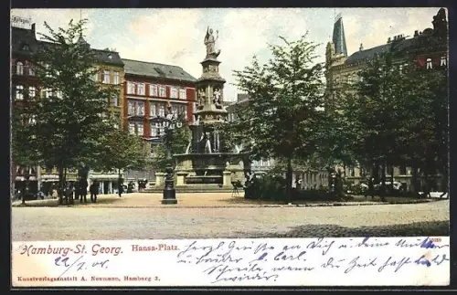 AK Hamburg-St. Georg, Hansa-Platz mit Denkmal