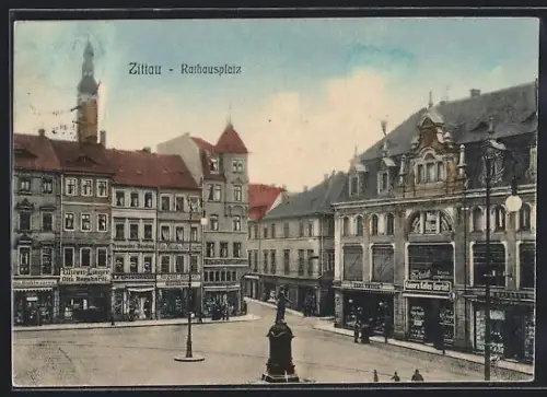 AK Zittau, Rathausplatz mit Geschäften