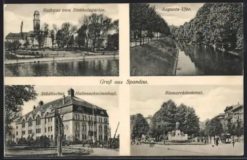 AK Spandau, Rathaus vom Stabholzgarten, Augusta-Ufer, Städtisches Hallenschwimmbad, Bismarckdenkmal