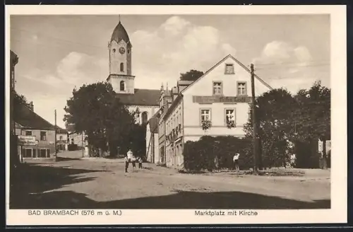 AK Bad Brambach i. Vogtl., Marktplatz mit Kirche