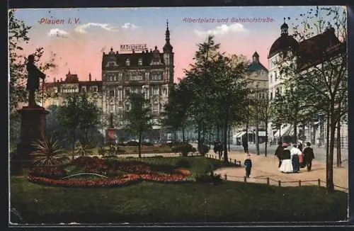 AK Plauen i. V., Albertplatz und Bahnhofstrasse