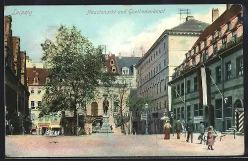 AK Leipzig, Naschmarkt und Goethedenkmal