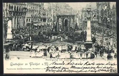 AK Frankfurt a. M., Goethefeier mit Huldigung am Denkmal 27. August 1899