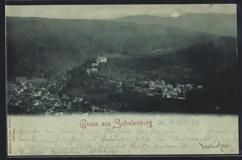 Mondschein-AK Schwarzburg, Gesamtansicht mit Schloss