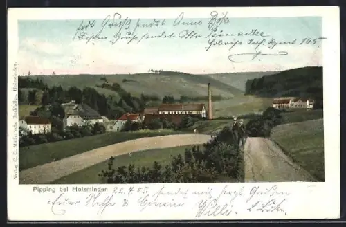 AK Pipping bei Holzminden, Ortsansicht mit Fabrik und umliegender Landschaft