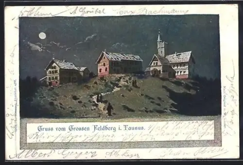 AK Grosser Feldberg i. Taunus, Gebäudeensemble auf dem Gipfel bei Nacht