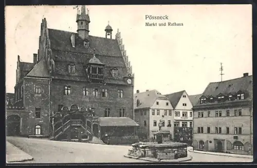 AK Pössneck, Markt mit Rathaus und Brunnen