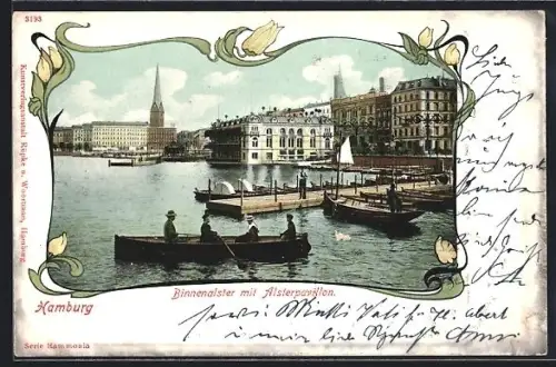 AK Hamburg-Neustadt, Binnenalster mit Alsterpavillon, Ruuderboote auf der Alster