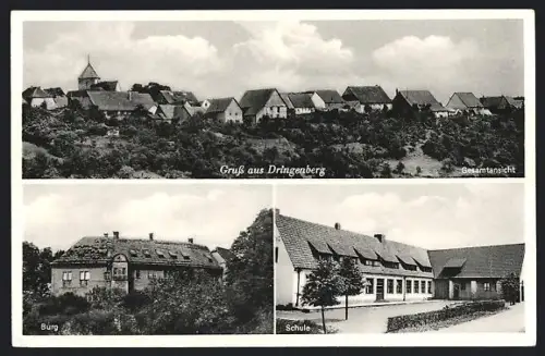 AK Dringenberg, Schule, Burg, Ortsansicht mit Kirche