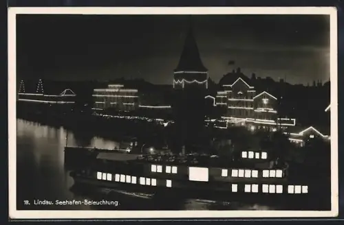 AK Lindau, Uferpartie mit Seehafen-Beleuchtung