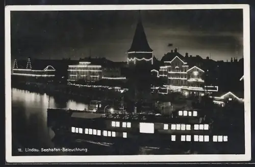AK Lindau, Uferpartie mit Seehafen-Beleuchtung