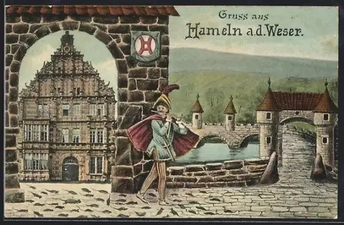 Künstler-AK Hameln a. d. Weser, Rattenfänger lockt die Ratten aus der Stadt