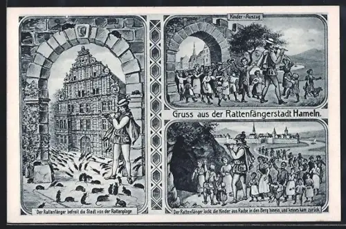 AK Hameln, Befreiung der Stadt von der Rattenplage, Kinder-Auszug, Der Rattenfänger lockt die Kinder in den Berg hinein