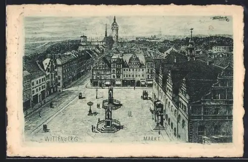 Künstler-AK Wittenberg / Elbe, Blick auf den Markt aus erhöhter Position