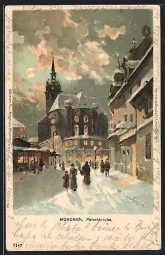 Lithographie München, Peterskirche im Winter