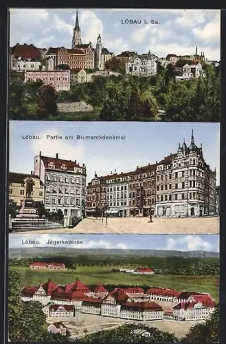 AK Löbau i. Sa., Ortsansicht, Partie am Bismarckdenkmal, Jägerkaserne