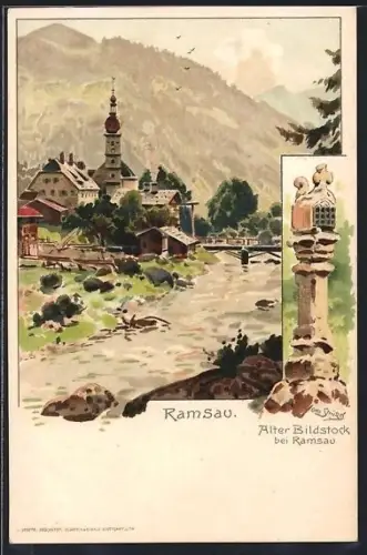 Künstler-AK Otto Strützel: Ramsau, Ortspartie, Alter Bildstock bei Ramsau